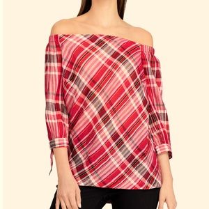LAUREN RALPH LAUREN Pink Plaid Off-the-Shoulder Blouse Size Medium